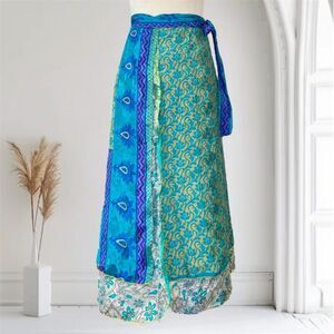 Fairy Grunge Teal Blue Green Gold Paisley Layered Silk Midi Maxi Wrap Skirt OS